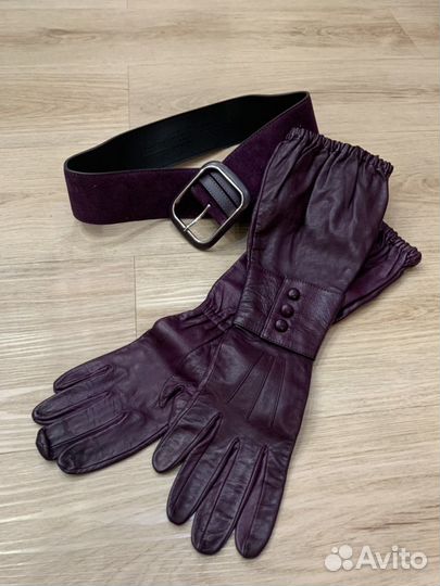 Ремень и перчатки размер 6-6,5, кожа, баклажан, уд