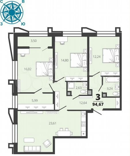 3-к. квартира, 94,7 м², 7/19 эт.