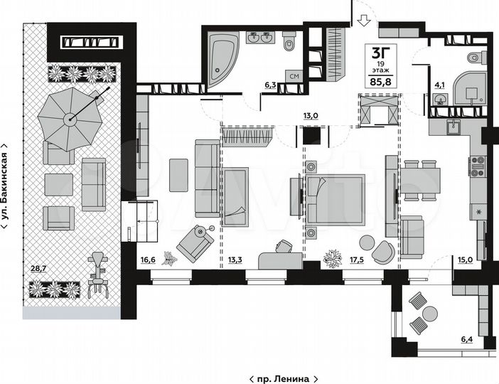 3-к. квартира, 85,7 м², 19/20 эт.
