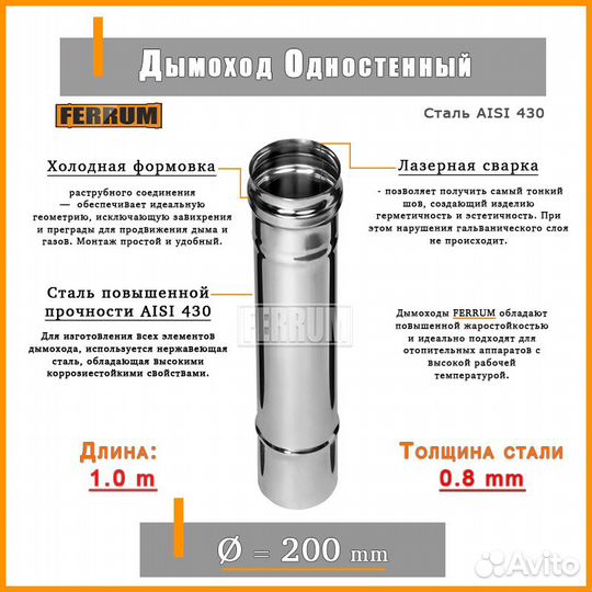 Дымоход 200 d, 100 см/0.8 мм
