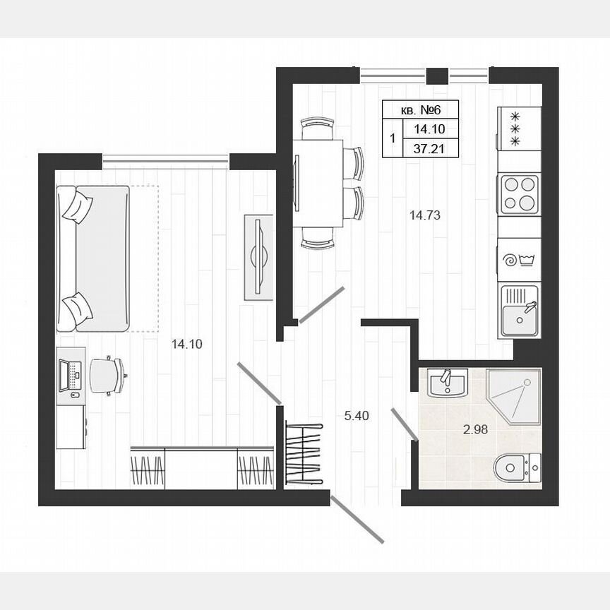 1-к. квартира, 37,2 м², 1/4 эт.