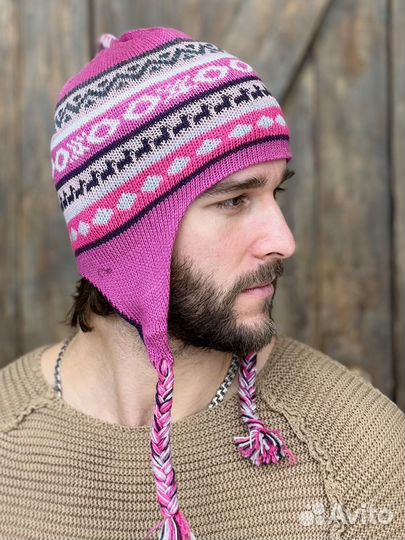 Мужская шапка двусторонняя с ушками зимняя Чульо 100% альпака цвет фуксия-росадо
