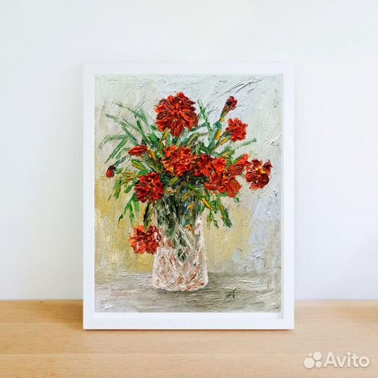 Картина маслом Бархатцы в хрустальной вазе