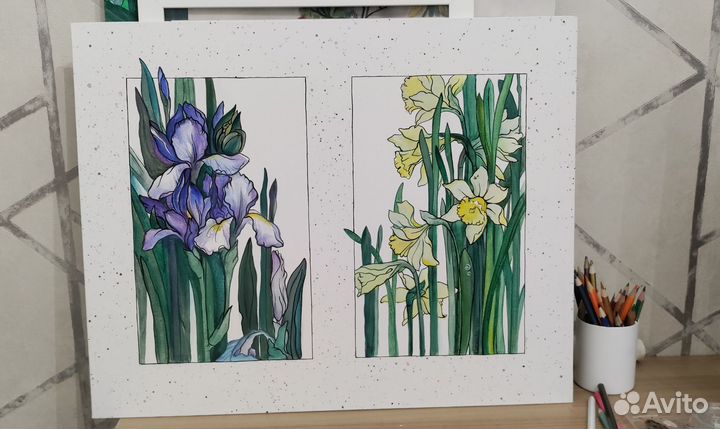 Интерьерная картина птицы цветы