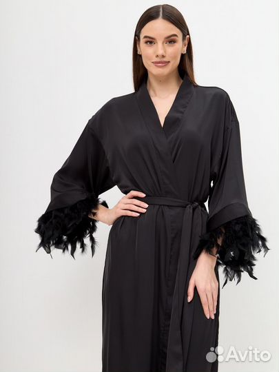 Шелковый длинный халат кимоно платье с перьями
