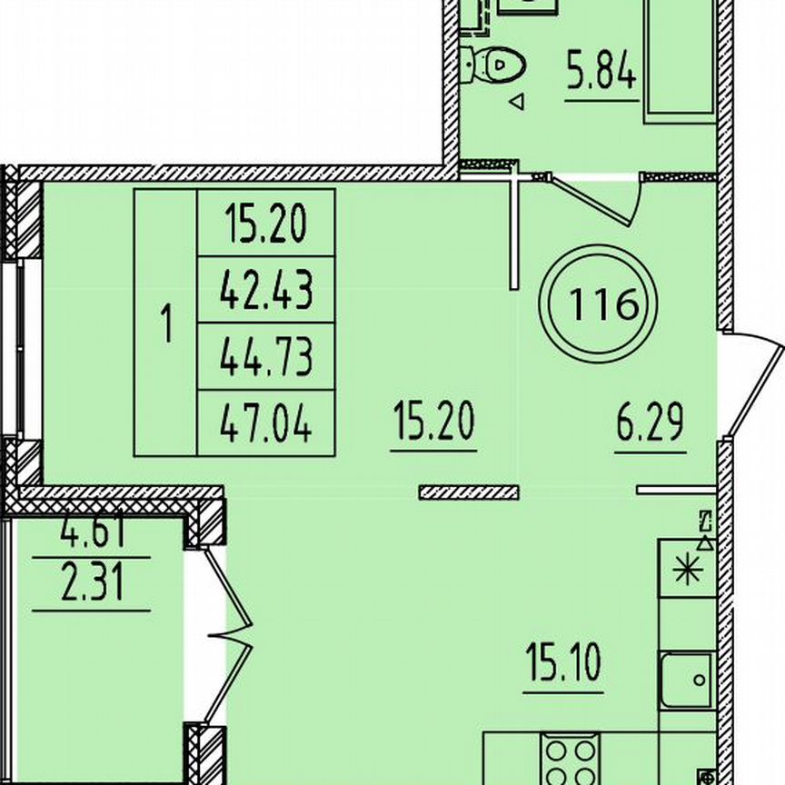 1-к. квартира, 42,4 м², 1/4 эт.