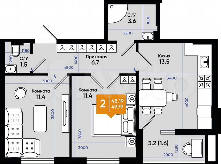 2-к. квартира, 49,8 м², 2/9 эт.