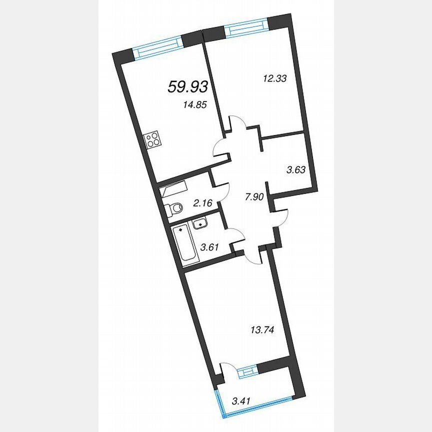 2-к. квартира, 61,6 м², 6/22 эт.