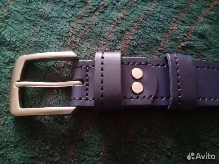 Ремень кожаный темно синий с ручным швом 40мм