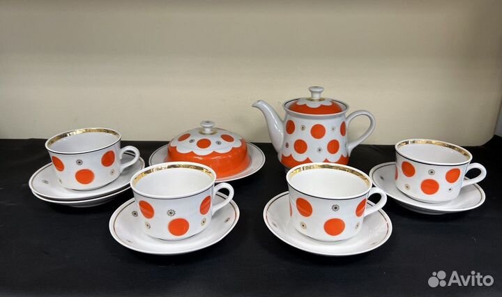 Чайный набор красные круги Сумской фарфоровый заво