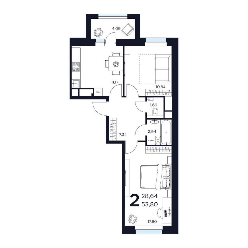 2-к. квартира, 53,8 м², 6/15 эт.