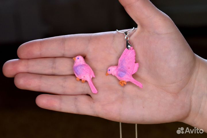 Кулон и брошь Розовые птички-чечевички
