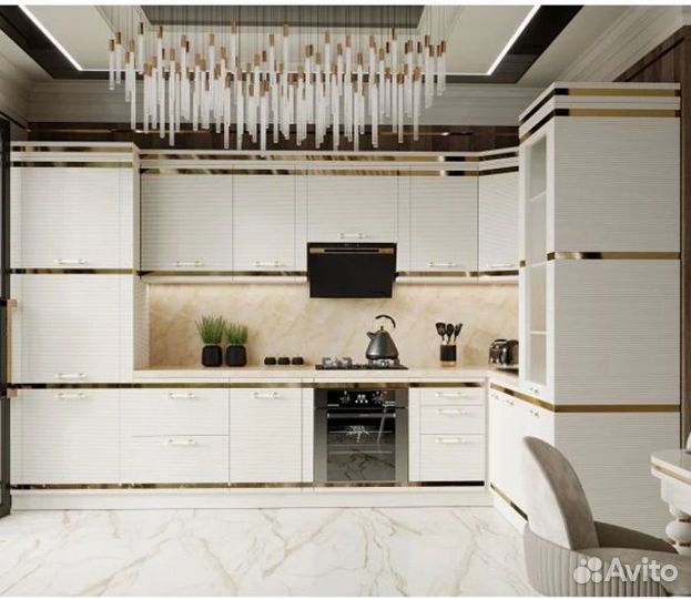 Кухня Тулия угловая 3,75х2,25 жемчуг/золото