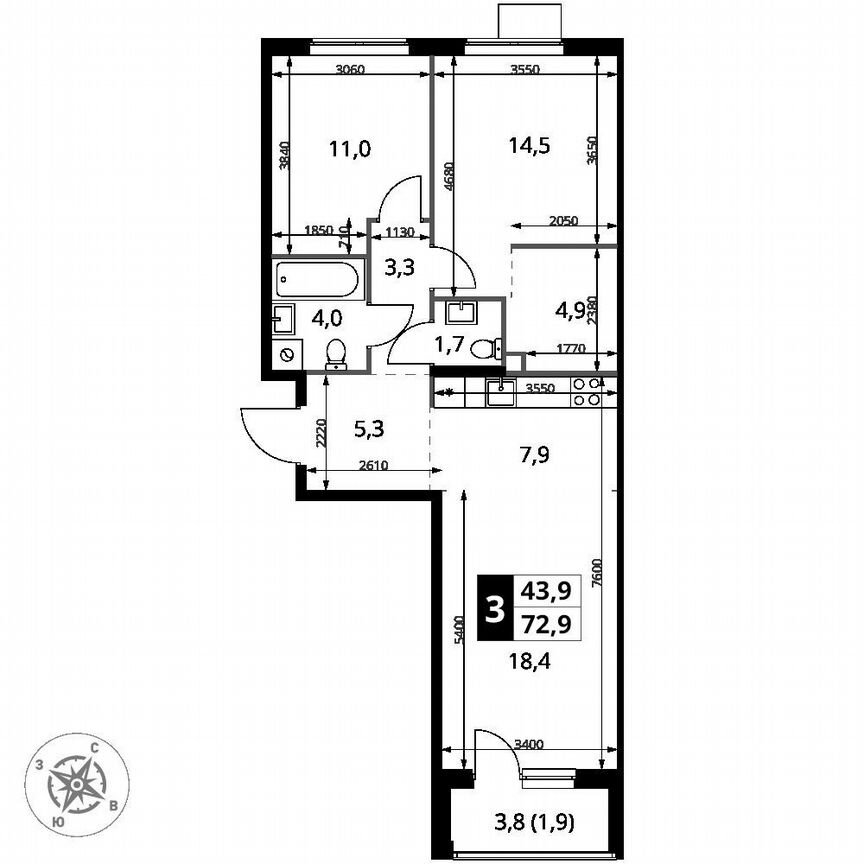 2-к. квартира, 72,9 м², 12/12 эт.