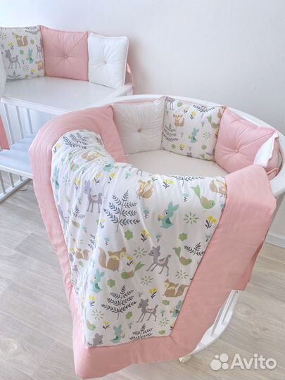 Бортики в кроватку и одеяло, набивной рисунок+кант