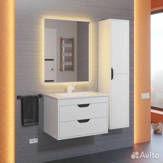 Тумба под раковину для ванной 65 см, подвесная, матовая, белая/графит