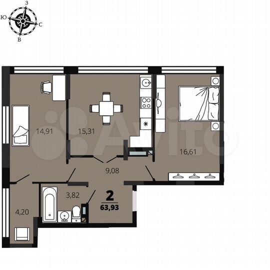 2-к. квартира, 63,9 м², 26/26 эт.