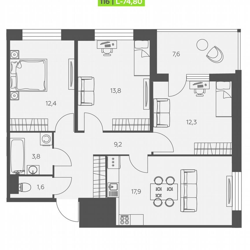 3-к. квартира, 74,8 м², 11/12 эт.