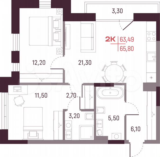 2-к. квартира, 63,5 м², 7/25 эт.