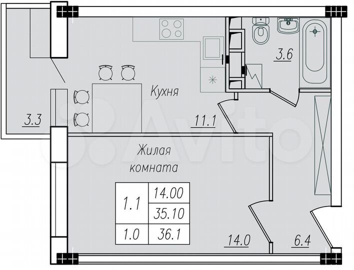 1-к. квартира, 36,1 м², 3/10 эт.