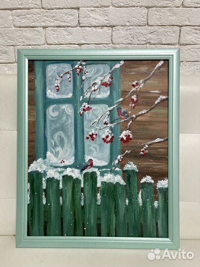 Картина маслом на холсте, зима, снегири