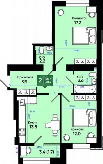 2-к. квартира, 60,5 м², 2/3 эт.