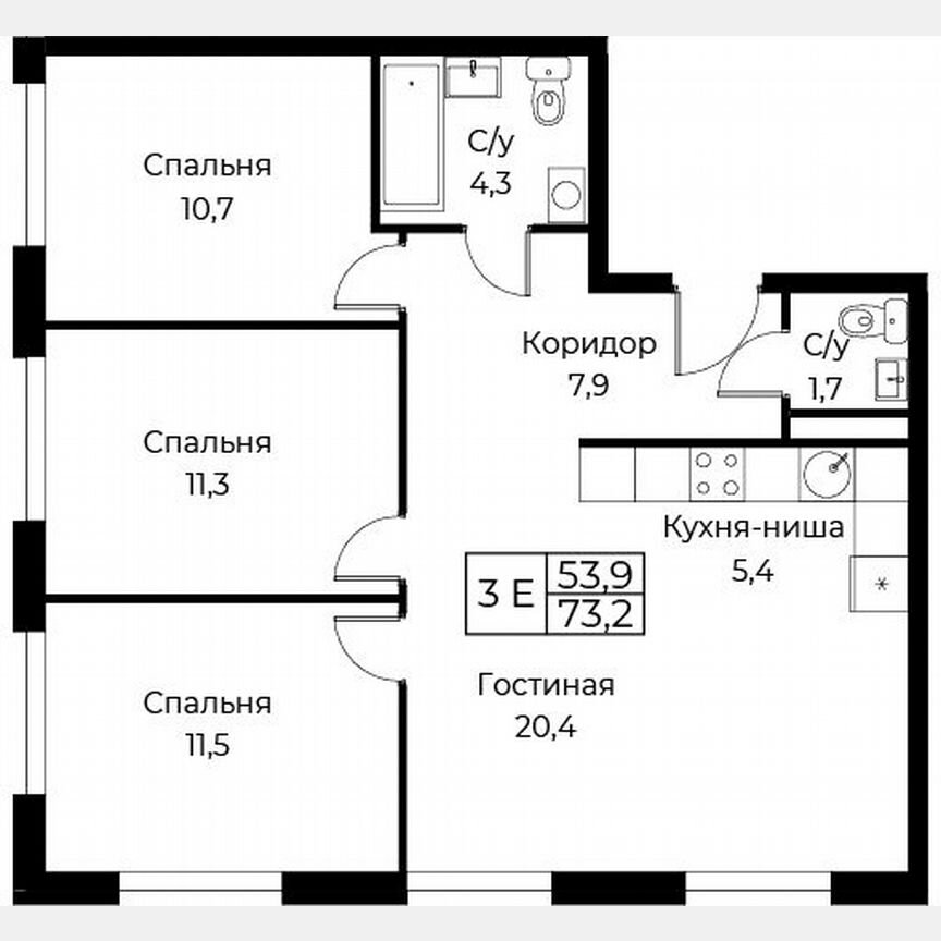 3-к. апартаменты, 73,2 м², 10/30 эт.