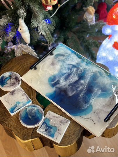 Поднос с подстаканниками из смолы «Море»