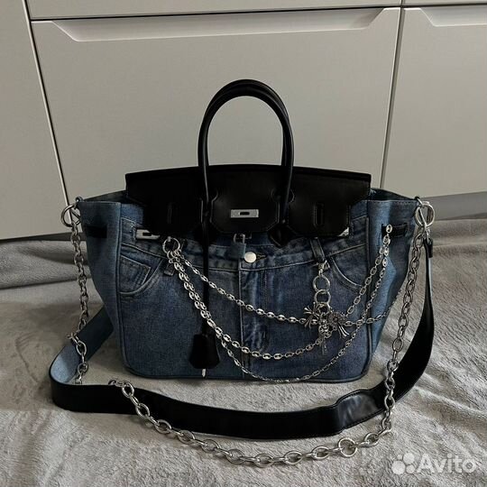 Сумка женская джинс и кожи в стиле Hermes Birkin