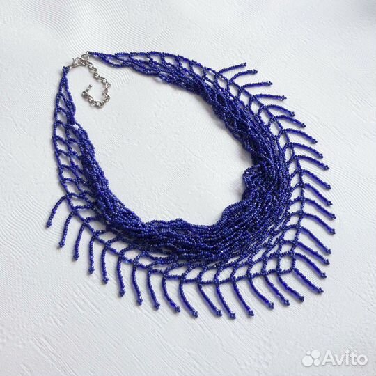 Колье косынка из бисера синее