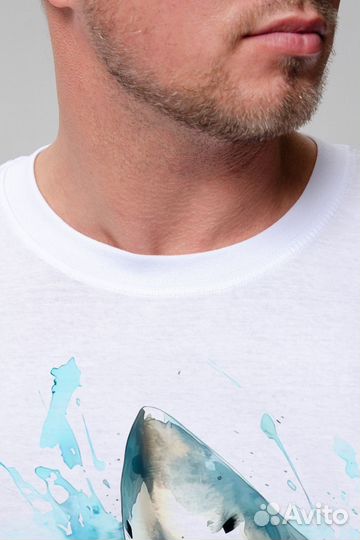 Футболка мужская - белый+акула №Н-8492. Оптом