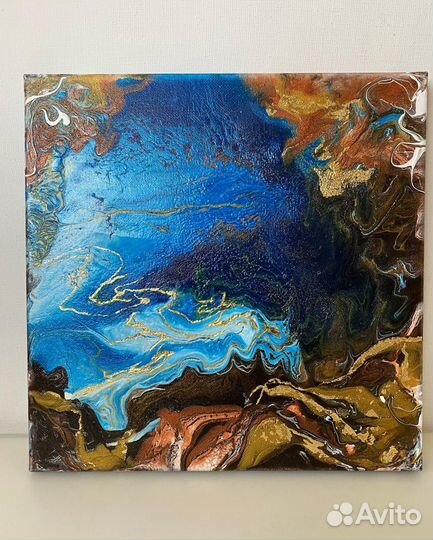 Картина Абстракция флюид арт синий золото