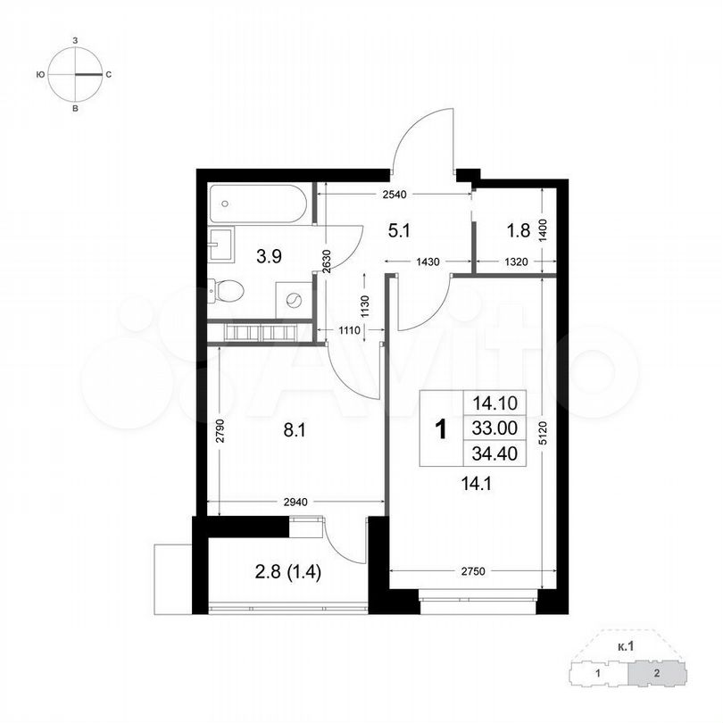 1-к. квартира, 34,4 м², 8/8 эт.