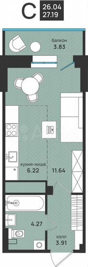 Квартира-студия, 27,2 м², 6/9 эт.