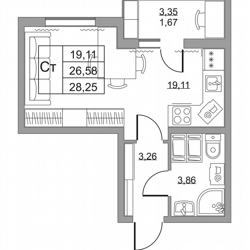 Квартира-студия, 27,9 м², 16/19 эт.