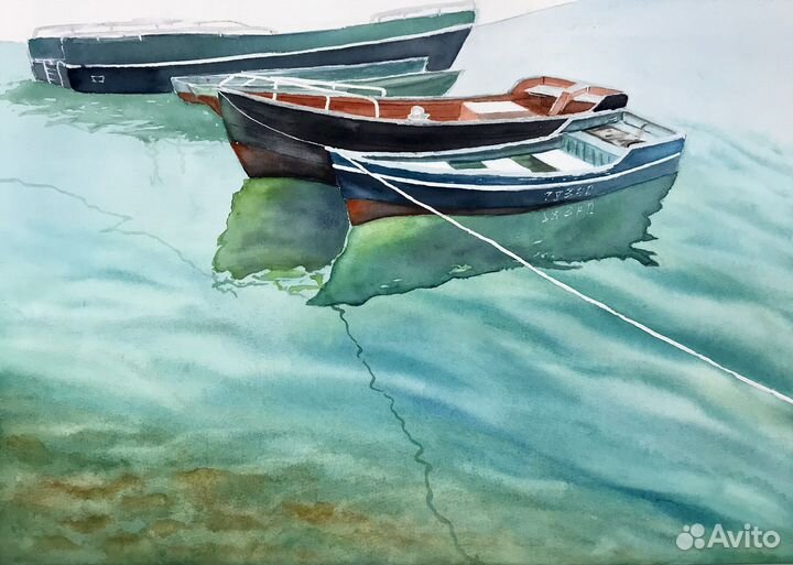 Акварельная картина. Лодки у пристани