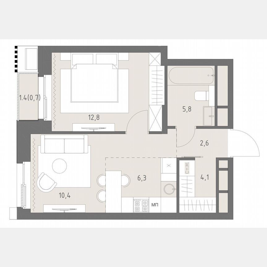 2-к. квартира, 42,7 м², 4/14 эт.