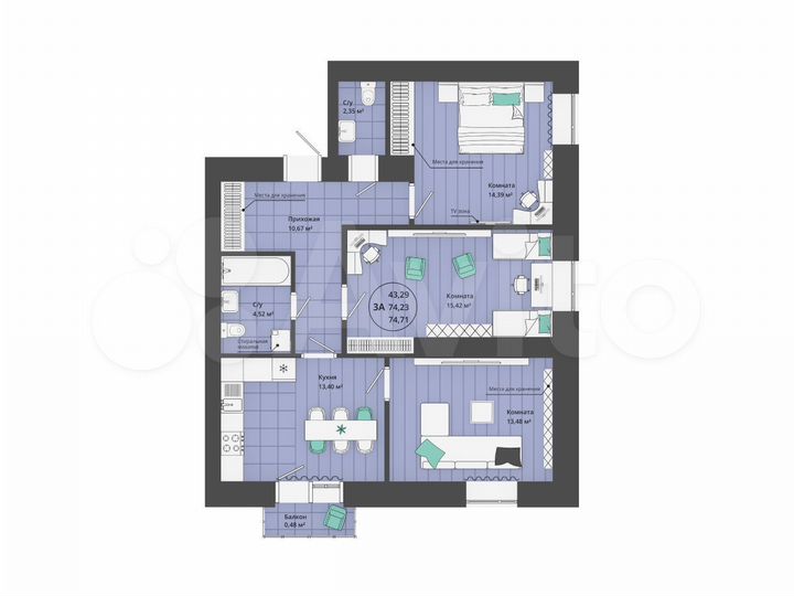 3-к. квартира, 74,7 м², 6/20 эт.