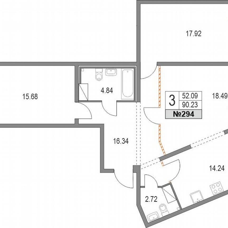 3-к. квартира, 90,2 м², 3/21 эт.