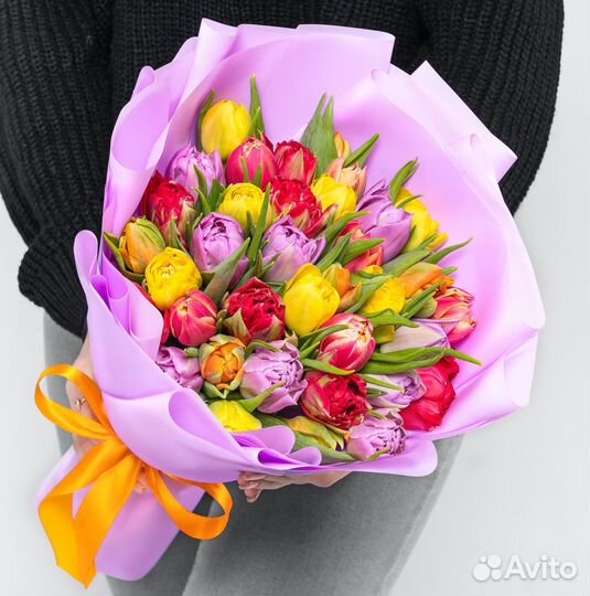 Букет 45 Пионовидных Тюльпанов Микс в упаковке