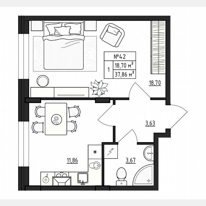 1-к. квартира, 37,9 м², 1/4 эт.