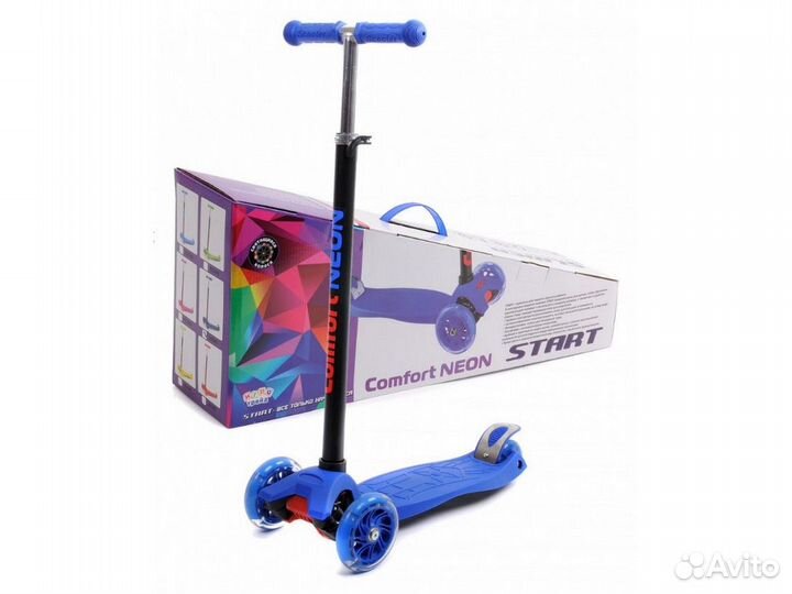 Самокат scooter 3-х кол синий колеса: PU,светящ