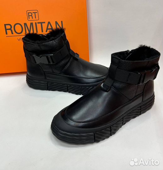 Полуботинки зимние мужские черные кожаные Romitan