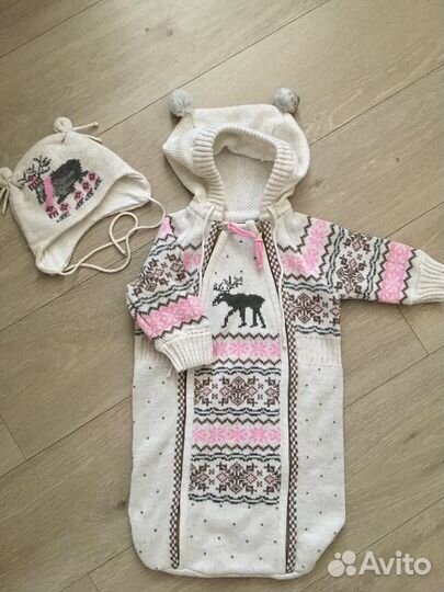 Шерстяной конверт и шапочка. Р.62