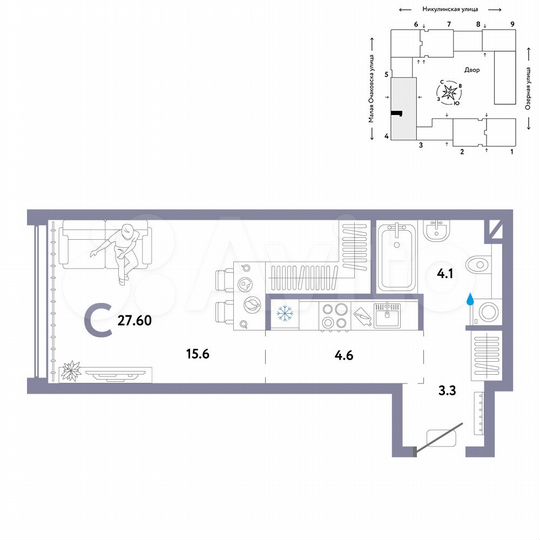 Квартира-студия, 27,6 м², 16/30 эт.