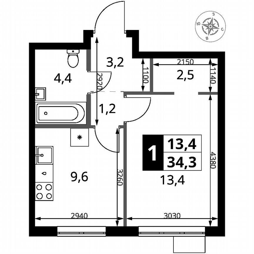 1-к. квартира, 34,3 м², 12/16 эт.