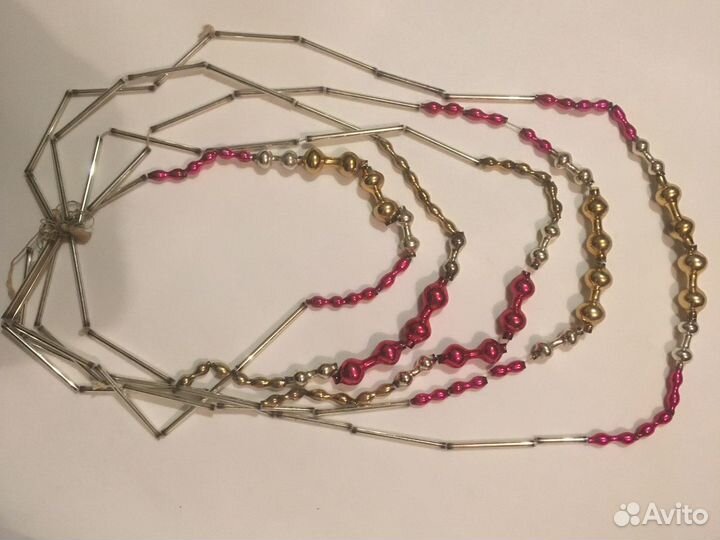 Елочные бусы из стекла, в 5 рядов. Старинные