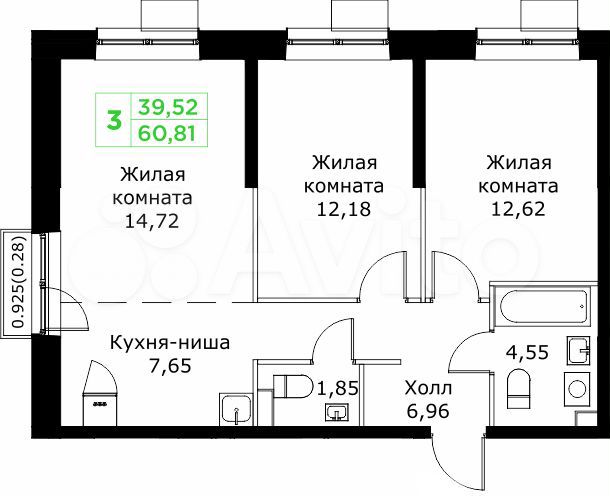 3-к. квартира, 60,8 м², 23/25 эт.