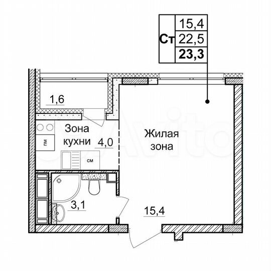 Квартира-студия, 23,3 м², 9/10 эт.