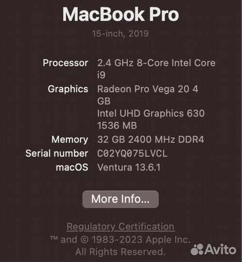 Macbook pro 15 2019 i9 32gb